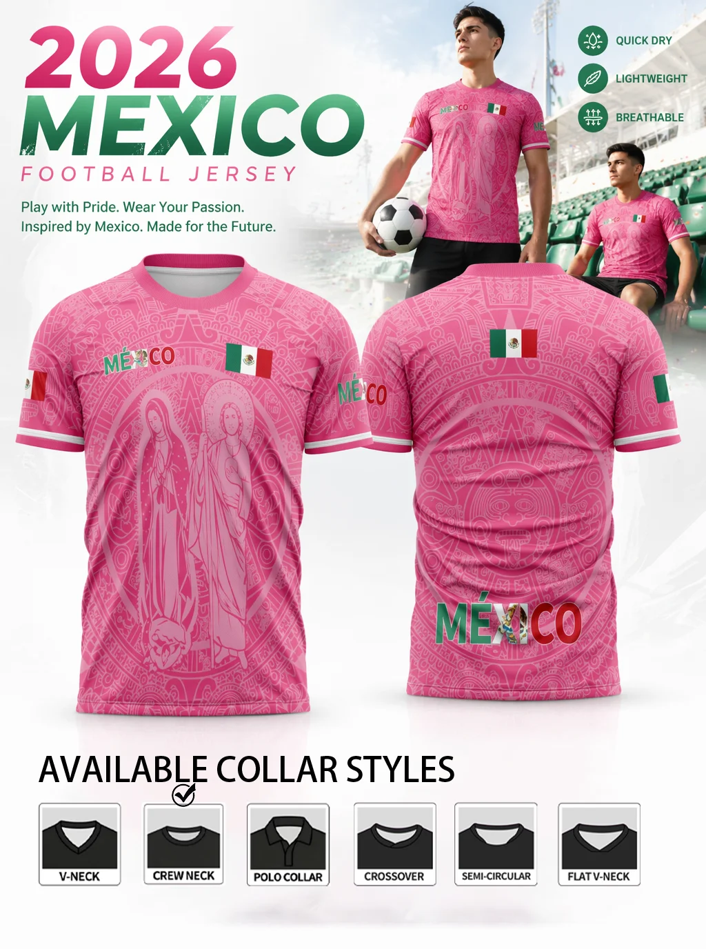 Pink Mexico men's soccer jersey, Virgin & Aztec subtle print, quick‑dry & breathable, lightweight, multiple collar styles
