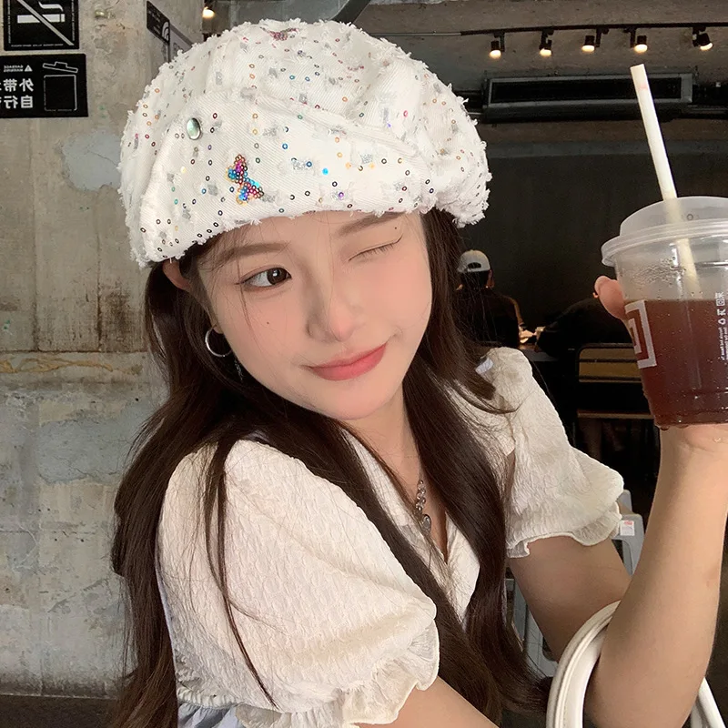 

Women's Hat Colosrful Sequins Bow Korean Sweet Kawaii Cute Fashionable Verstaile Denim Newsboy Caps High-quality Berets For Girl