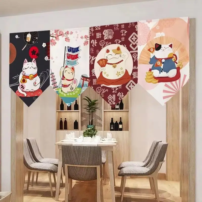 VIKAMA Japanese Kyoto Style Triangle Flag Curtain Mount Fuji Maneki-neko Ukiyo-e Hanging Curtain for Japanese Restaurant Decor
