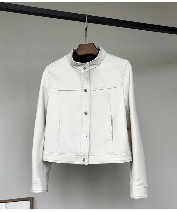 Lautaro Spring Autumn Short White Soft Pu Leather Jacket Women Stand Collar Long Sleeve Elegant Chic Luxury Designer Clothing