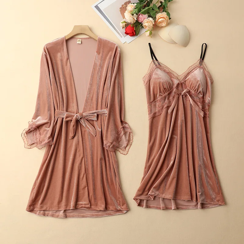 Female Sexy Nighty&Robe Set Lace Edge Backless Spaghetti Strap Nightgowns Autumn Winter Bathrobe Kimono Gown Velvet Sleepwear