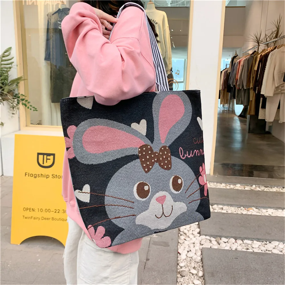 Bolso de compras de animales de dibujos animados de Corea para mujer, bolso grande de hombro ecológico de gran capacidad, bolso de libro de lona bordado a la moda para niñas