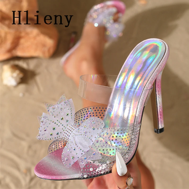 

Hlieny Summer Fashion Crystal Butterfly-knot Slippers Women Sexy High Heels Sandal Peep Toe Slides Party Mule Slides Shoes Pumps