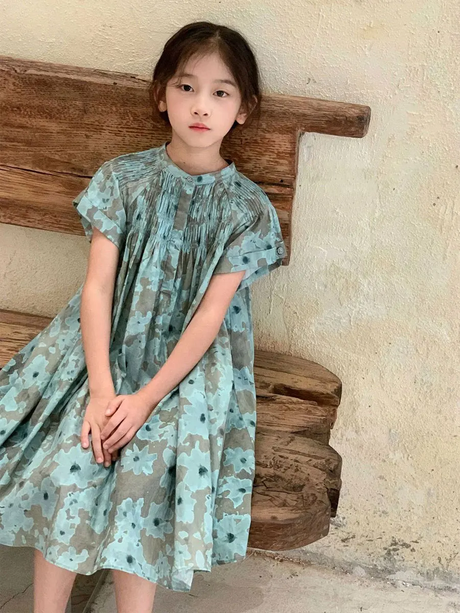 

Girls Floral Dress Children's Summer Fashion Casual Long Skirt Short Sleeve Korean Style Princess Dress for Big Kids