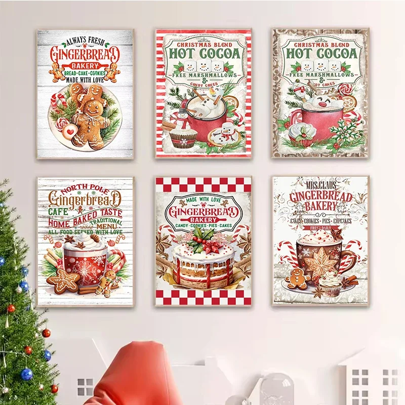 Multiple sizes 1pc frameless Canvas Painting,Vintage Christmas Food and Beverages Posters Hot Cocoa Gingerbread Canvas Painting