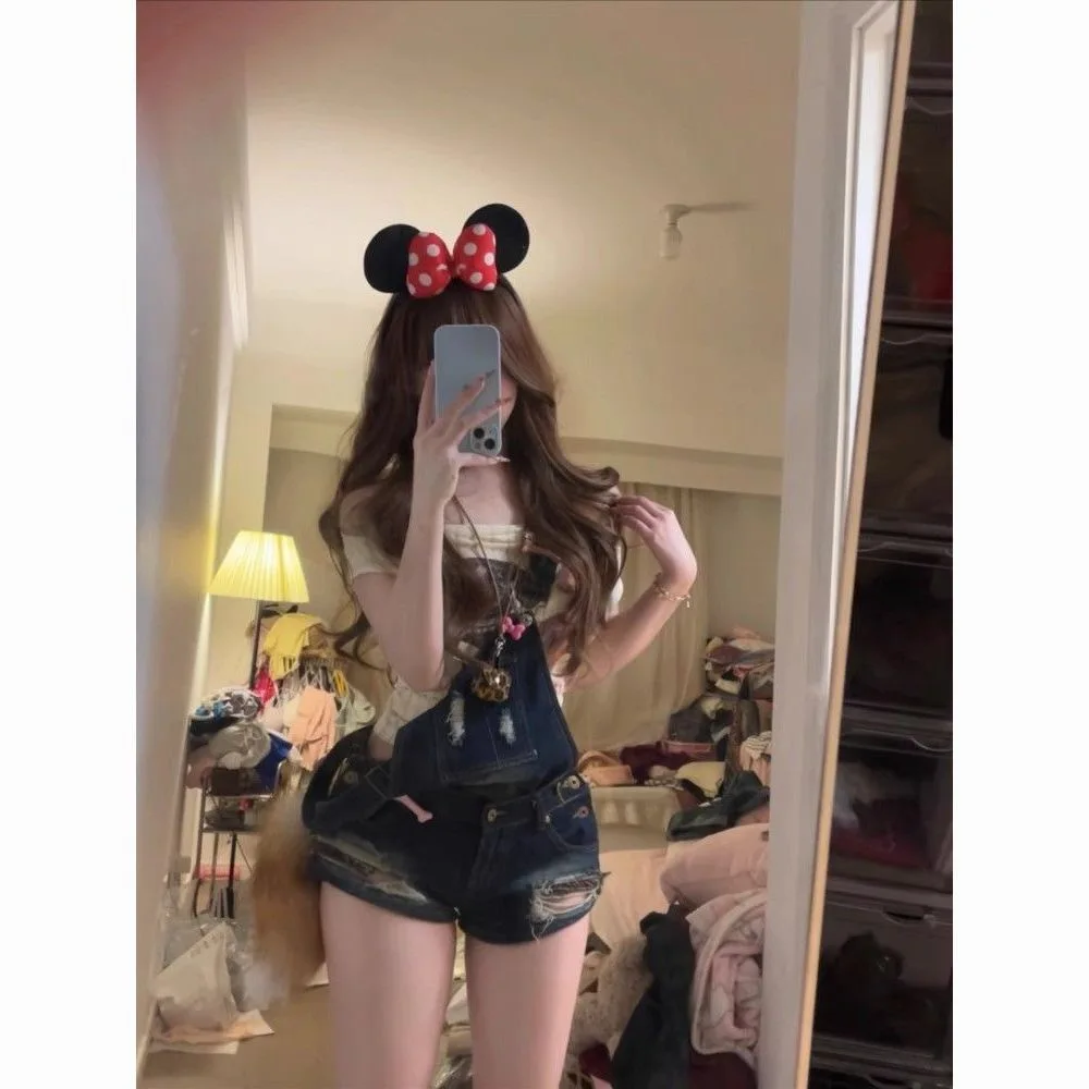 Retro American Hot Girl Y2K Denim Overalls Shorts Summer Ripped Slim Fit Butt Shorts Low Waist Thickened Super Short Jeans