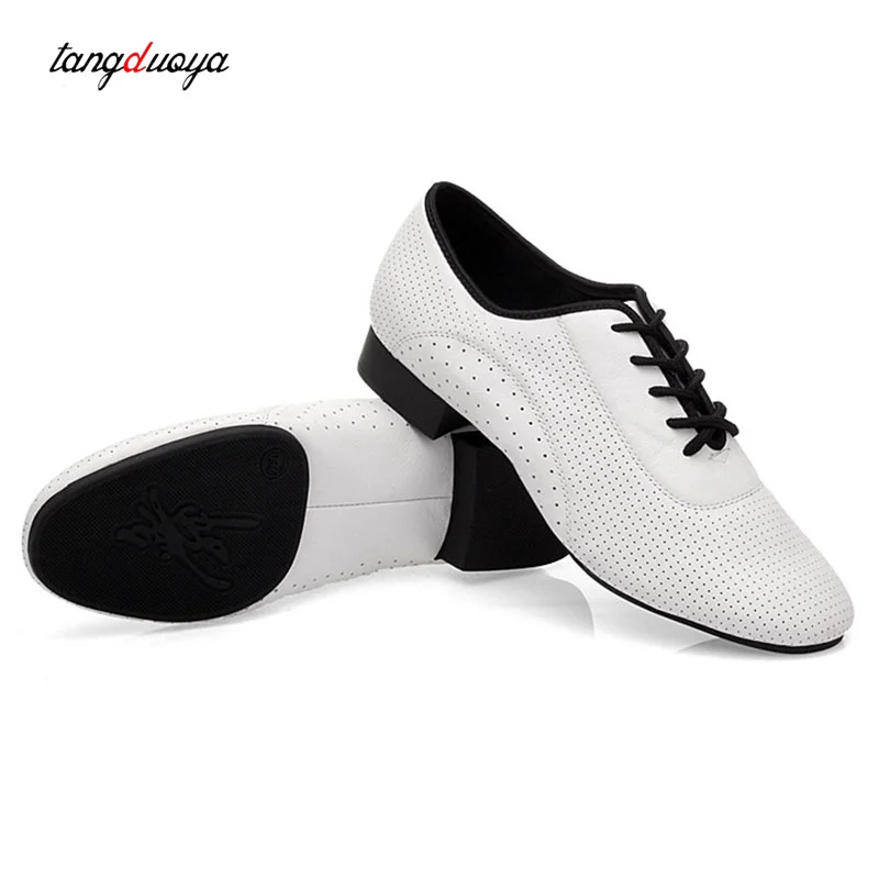 

Men Genuine leather Latin Dance Shoes Salsa Tango Square Heels Adults Party White Low Heel Ballroom Dancing Shoe Jazz Shoes