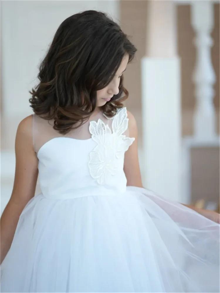 Holy White Angel Sleeveless Lace Printing Flower Girl Dress Princess Ball First Communion Dresses Kids Surprise Birthday Present