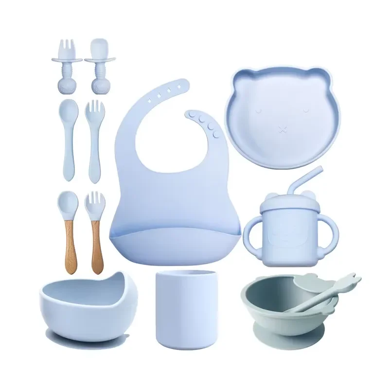 Waterproof and environmentally friendly food-grade silicone baby feeding set, ISO9001 certified, cute design, suitable for