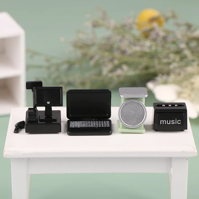 Decoração de loja de supermercado em escala 1/12, casa de bonecas em miniatura, balança de comida, scanner de código de barras, caixa, laptop, modelo, acessórios para casa de boneca