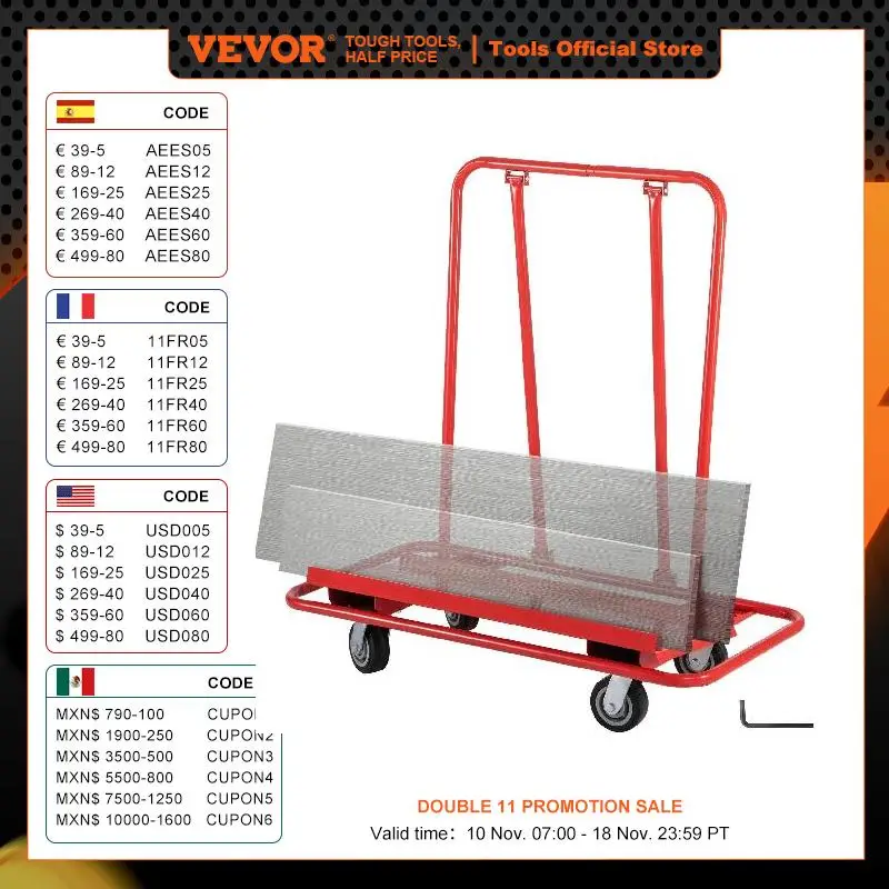 VEVOR-carrito de paneles de yeso de 45,3 "L × 21,7" W × 31,5 "H, carrito de láminas con capacidad de carga de 2200 LBS/1 tonelada, carrito resistente con cuatro ruedas de 5"