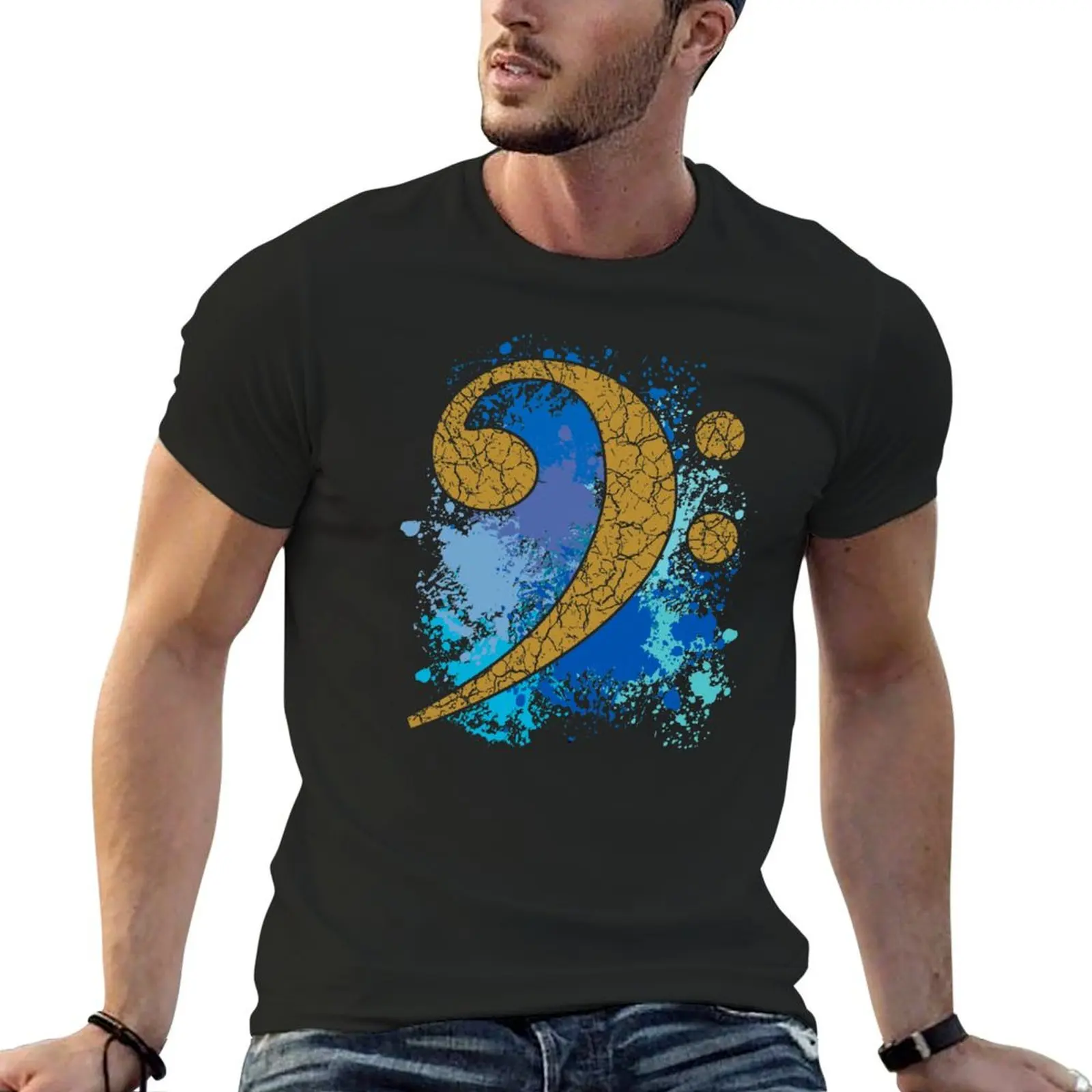 Distressed bass clef on paint splotches T-Shirt cute tops anime clothes men clothes