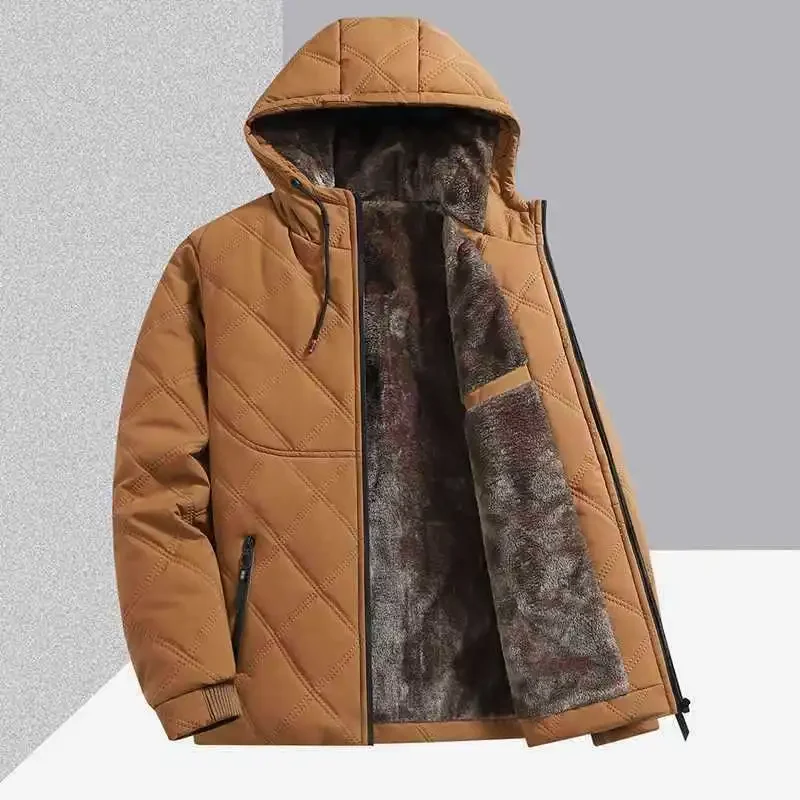 

Winter Plush Jacket Man Thicken Fleece Solid Color Plaid Male Outerwear Warm Long Sleeve Pocket Zipper Hooded Men Coat