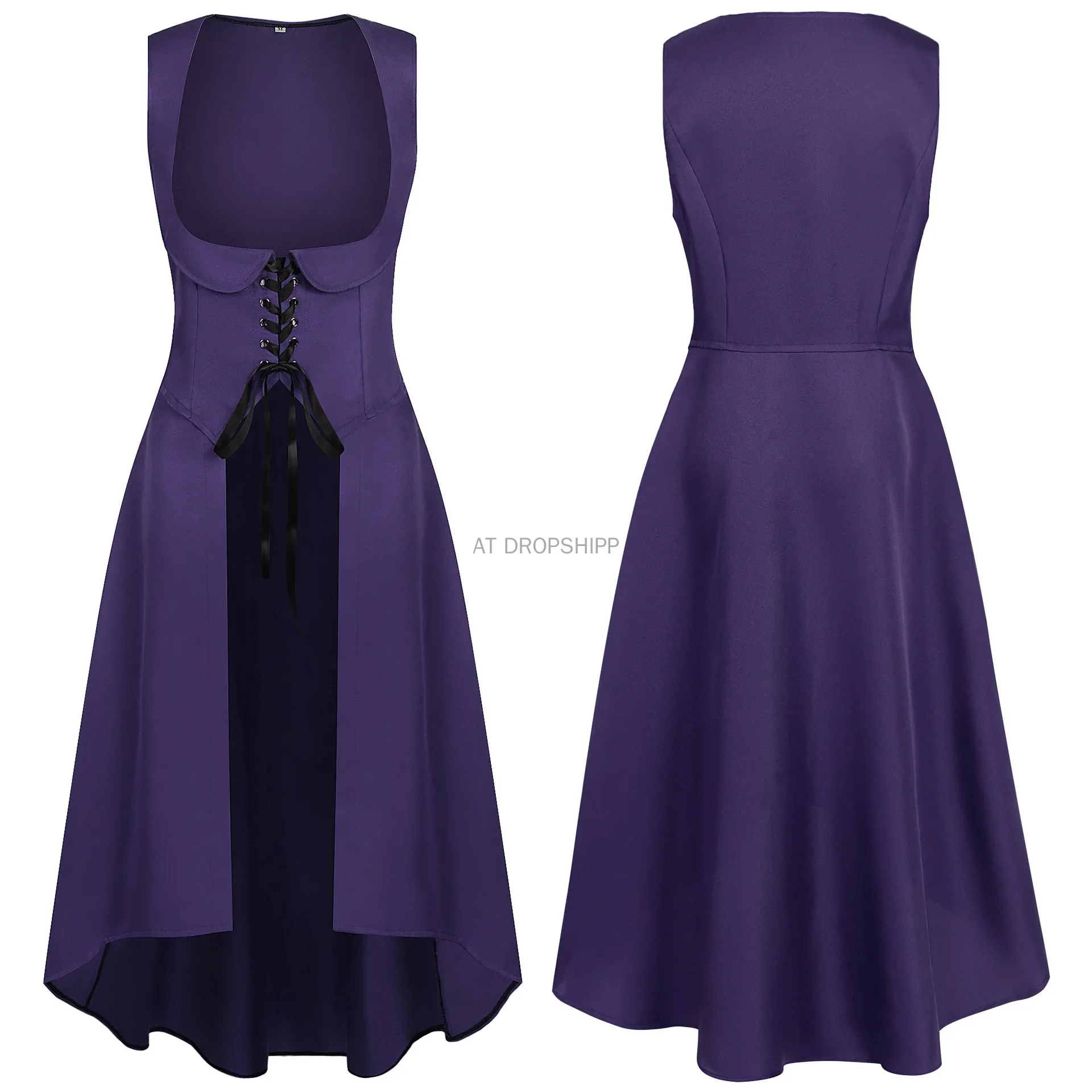 Middeleeuwse Renaissance Hoge Hals Mouwloos Halloween Retro Steampunk Zeemeermin Ontwerp Dames Lange Rok Cosplay