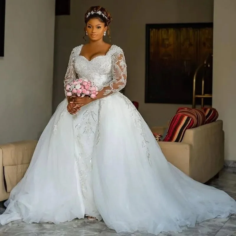カスタマイズプラスサイズマーメイドウェディングドレスブライダルドレス花嫁のための取り外し可能なトレイン恋人ネック長袖ビーズ