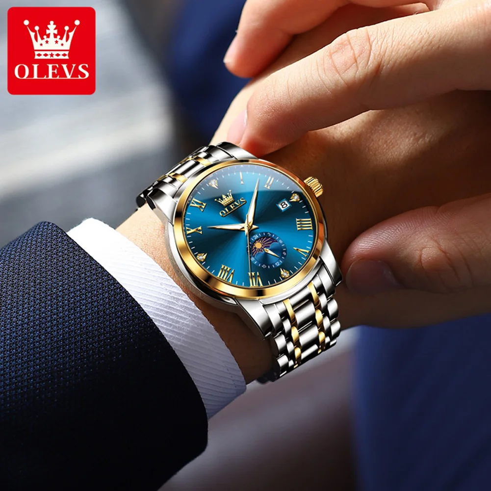 OLEVS 3656 ساعة رجالية فاخرة تاريخ تلقائي الرومانية الهاتفي مقاوم للماء ساعة الفولاذ المقاوم للصدأ مضيئة Moonphase ساعة رياضية للرجال
