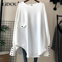 2023 Spring Autumn Solid Color Fashion Round Neck T-Shirts Women High Street Long Sleeve Button Mid-length All-match Pullovers