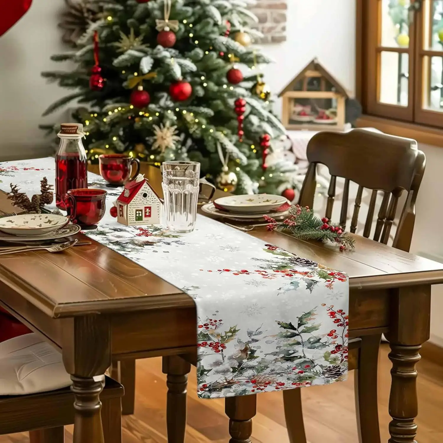 Christmas Red Berry Pinecone Linen Table Runner Table Decor Winter Xmas Tree Botanical Table Runners Holiday Kitchen Party Decor