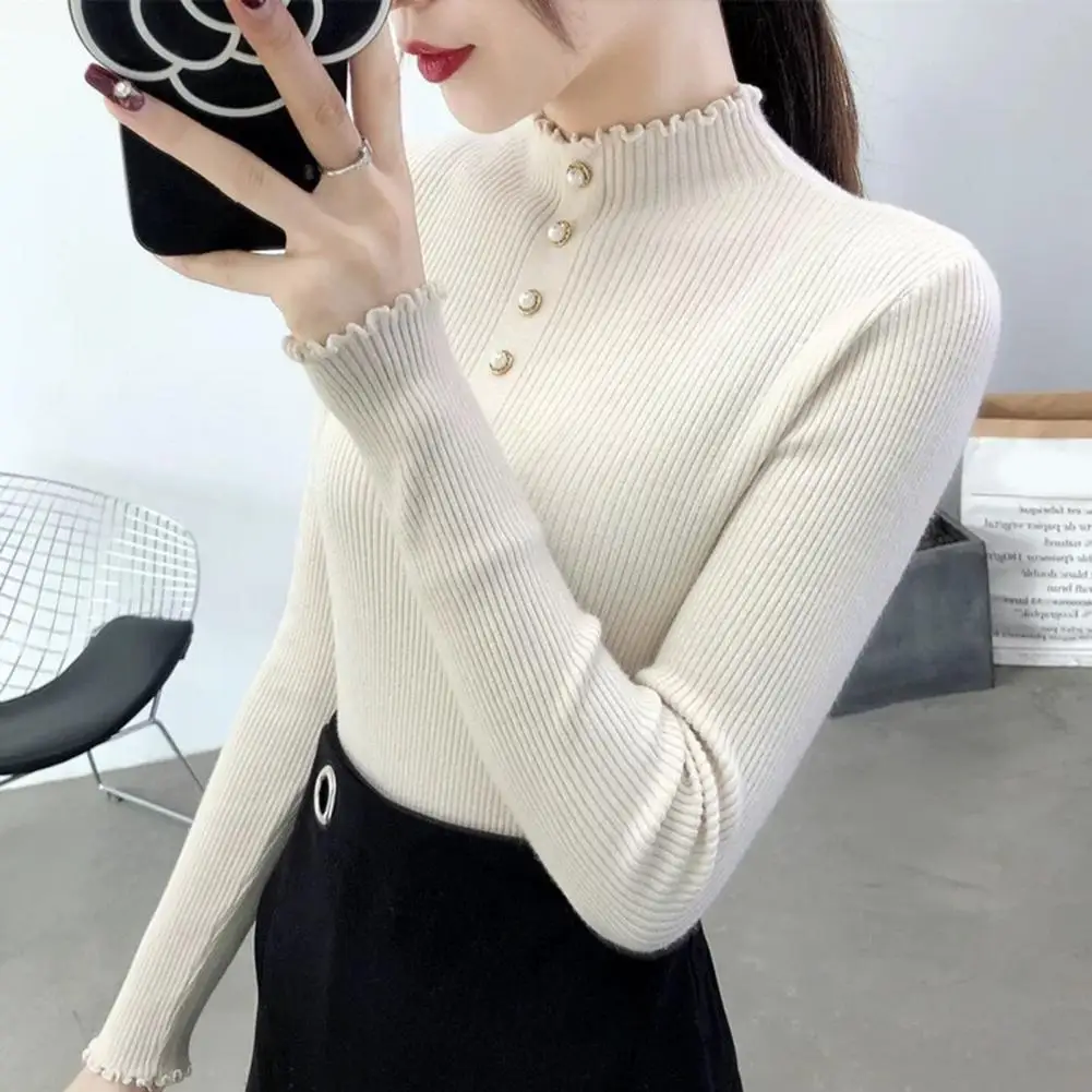 Lady Soft Blouse Women Elastic Top Chic Cozy Women's Knit Sweater Tops Slim Fit High Collar Soft Elastic Pullover for Fall