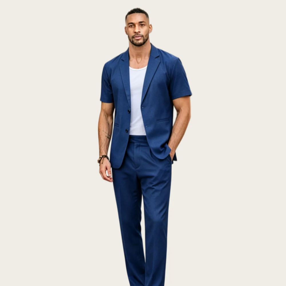 

Mophiel Blue Linen Men Suits Short Sleeve Pants 2 Pieces Set Summer Beach Wedding Party Blazer Office Business Tuxedo Customized