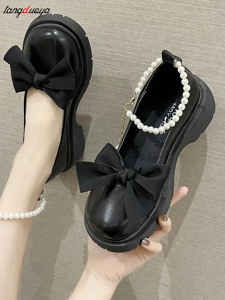 Women Thick Platform Mary Janes Lolita Shoes Party Pumps Summer 2024 New Sandals Bow Chain Mujer Shoes Fashion Oxford Zapatos