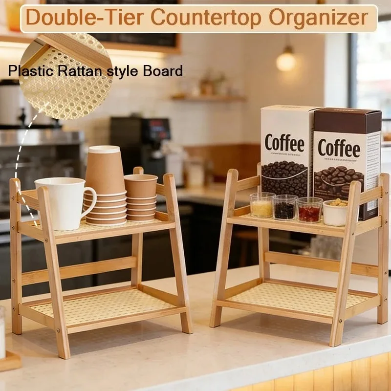 2 Layer Bamboo Countertop Storage Organizer,Multipurpose Bamboo Storage Shelf,Countertop Storage  for Kitchen,Office,Bedroom