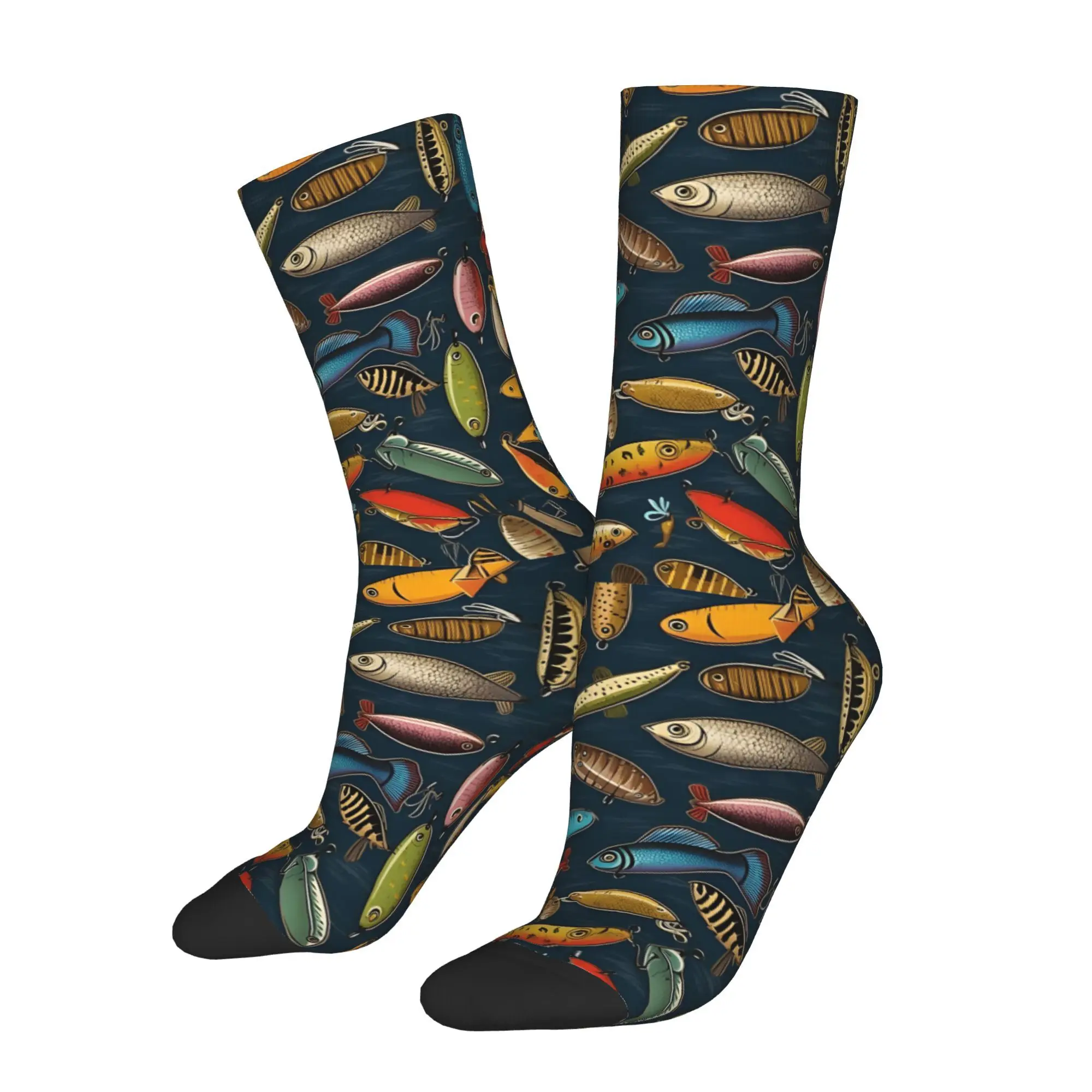 

Happy Funny Men's Socks Father's Day Fishing Lure Vintage Harajuku Hip Hop Novelty Crew Sock Gift Pattern Printed