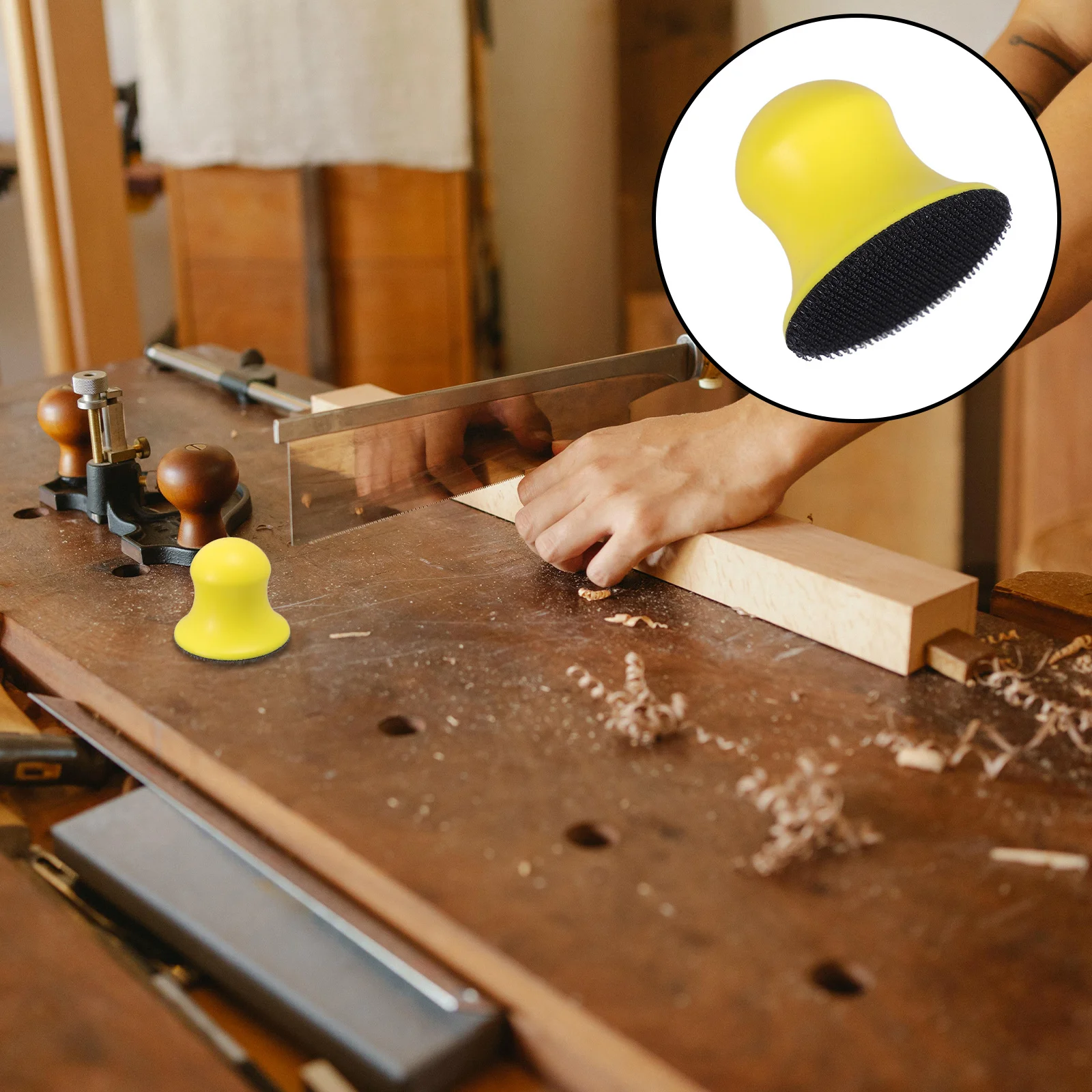 

Handheld PU Foaming Sanding Block Bright Yellow Round for Furniture Restoration Woodworking Hook Loop Round Sanding Tool