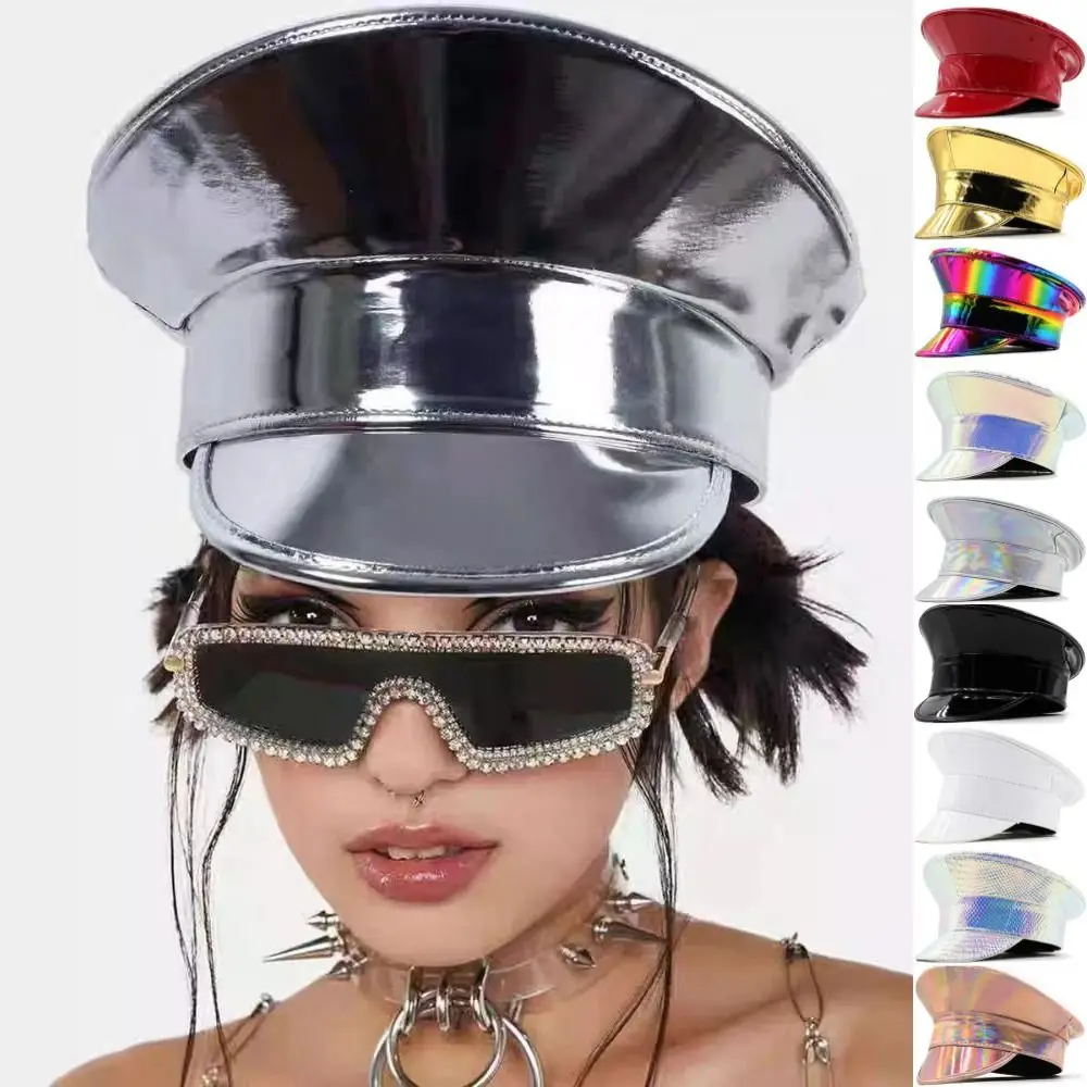 Casual Style PU Leather Laser Hats Waterproof UV Protection Captain Cap Flat Caps Sunscreen Leather Beret Prom Performance Bar