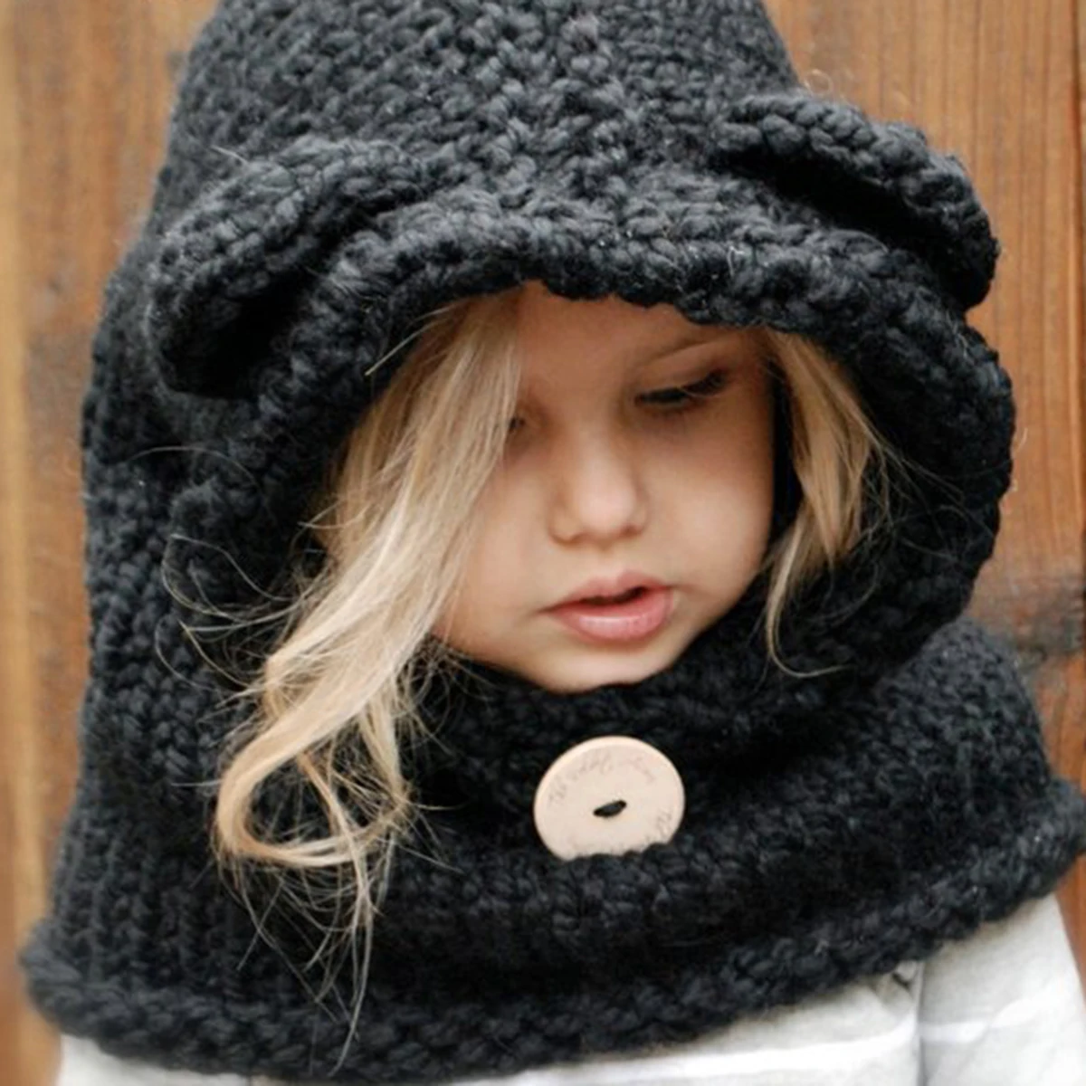 

Hooded Scarf Hat Knitted Bear Cap For Kids Winter Warm Head Neck Ear Size Fits Most Easy Care Lightweight