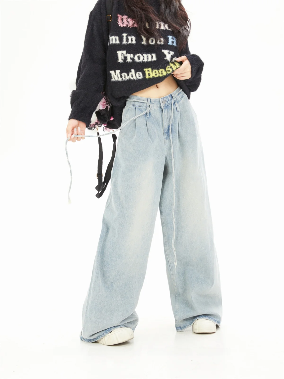 High Waist Fleece Lined Women's Jeans Versatile Loose Wide Leg Pants Slimming Effect Korean Style Commute Washed Denim Blue