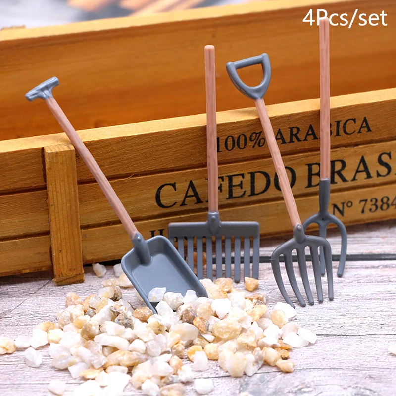 Dollhouse Miniature Gardening Tools, Pá e Rake Model, Acessórios de decoração, Brinquedos infantis, 1:12, 4 peças por conjunto