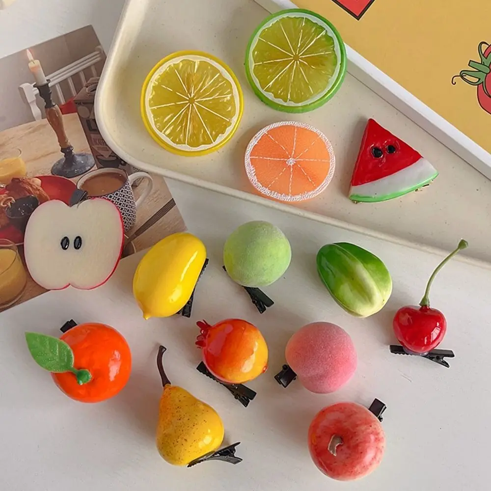 Horquilla de frutas de simulación de cereza con personalidad, Clip para el cabello de melocotón y limón, accesorios para fotos, Clip lateral para niñas