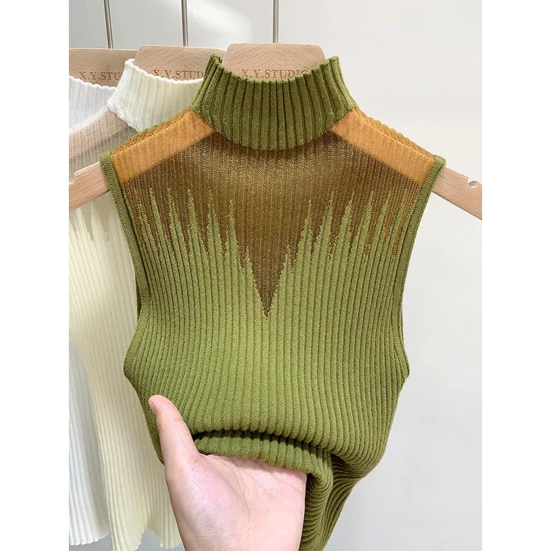 Mesh Knit Top Women Sexy Tank Top Mock Neck Sleeveless Sweater Vest Chic Cut Out Blouse Streetwear Spring Summer 2026
