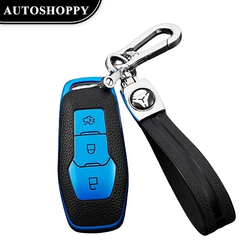 

All-inclusive Leather TPU Car Smart Key Case Cover Shell Keychain for Ford Explorer Edge Fusion F150 Mondeo Mustang Protector