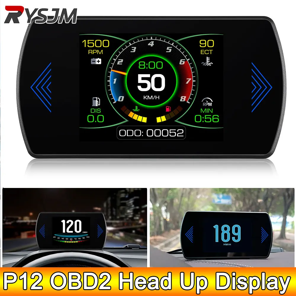 AD P12 OBD2 HUD Head Up Display Smart Digital Speed Gauge On-Board Computer Tachometer Speedometer ECT Water Temperature Oil