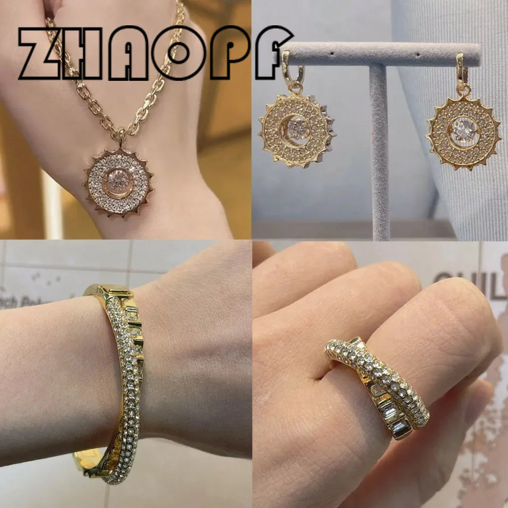 

Original 2025 New Party Gift Luxury Fine Jewelry Set Charm Yellow Sun Pendant Crystal Fashion Women's Necklace Bracelet Earrings