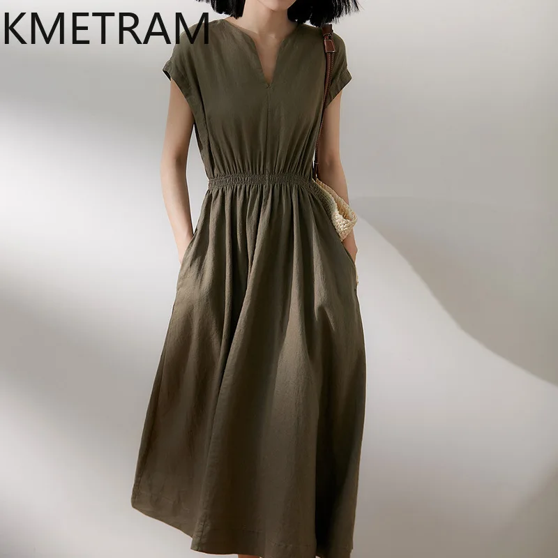 KMETRAM Pure Linen Dress Woman High Quality Solid New in Dresses Mid Length Slim Fit Dresses Woman Clothing 2025 Vestidos Mujer