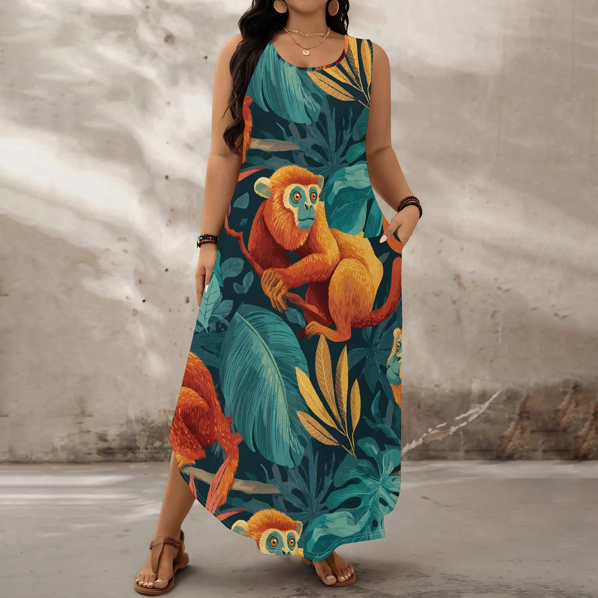 

Plus Size Monkey Print Women's Sleeveless Tropical Maxi Dress with Pockets for Zoo Party XL-6XL