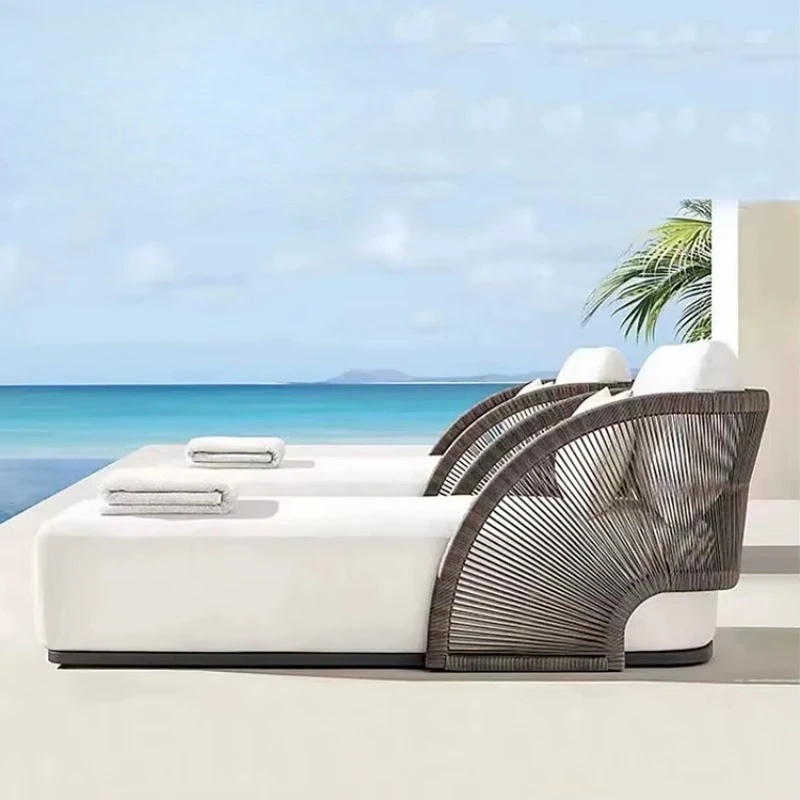 Outdoor beach chair, garden waterproof poolside lounge chair, woven rope beach chair