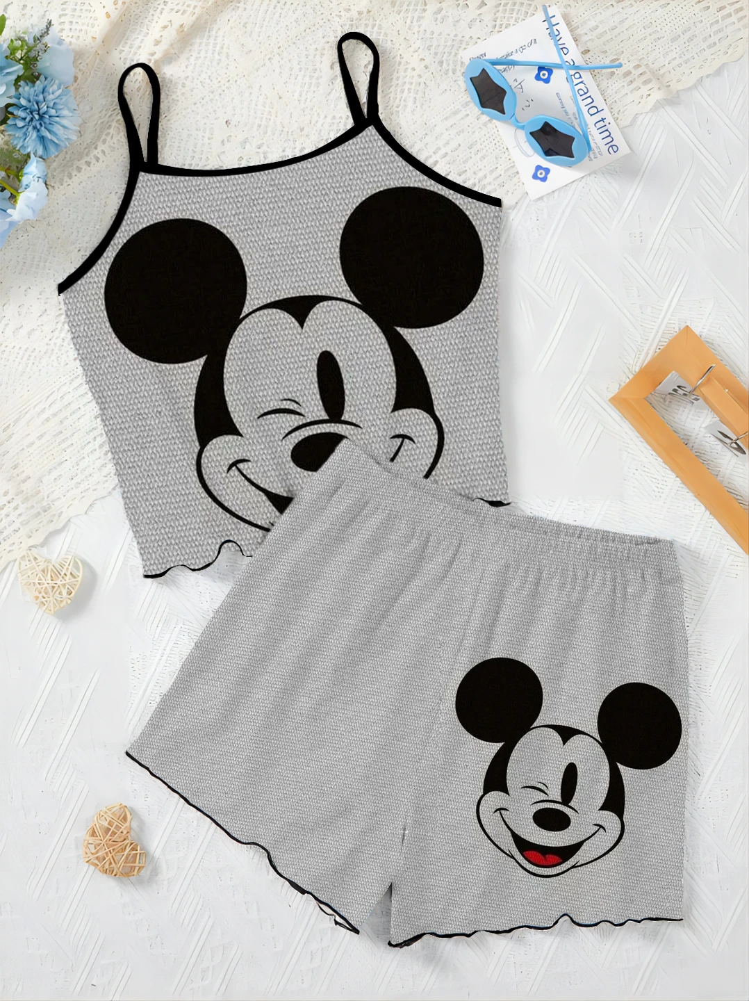 T-shirt Home Dress Minnie Mouse Disney Lettuce Trim Short Sets for Women 2 Pieces Pajama Skirt Women's Suit Mickey Elegant Top