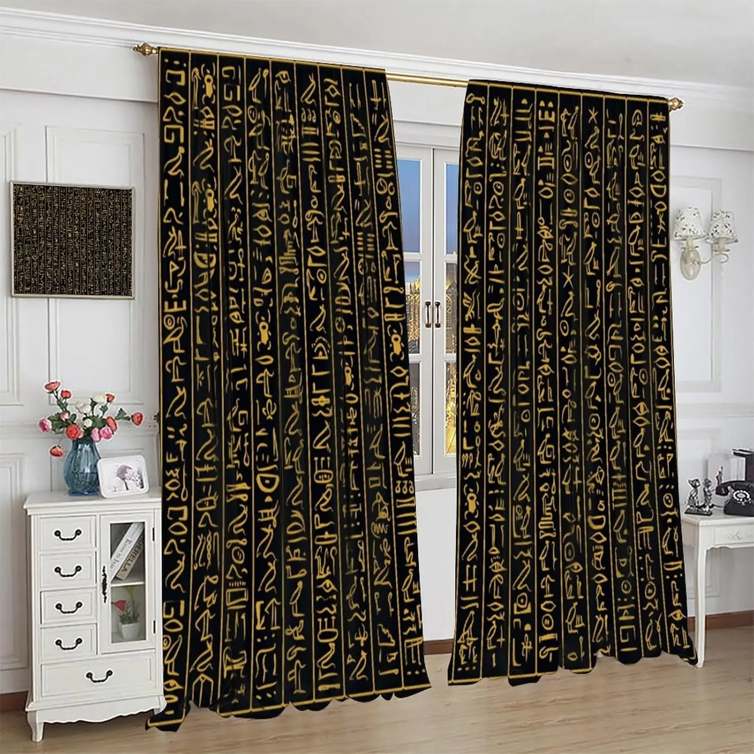 Ancient Egyptian Curtains,Ancient Culture Golden Egyptian Hieroglyphs Alphabet Pattern Blackout Print Window Drapes for Bedroom