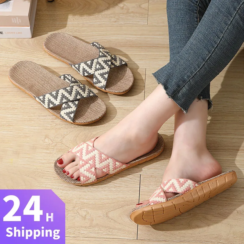 

New Women Slippers Anti-Slip Home Slippers Lightweight Shoes Ladies Indoor Linen Slippers Unisex Soft Shoes Sandalias Hombre