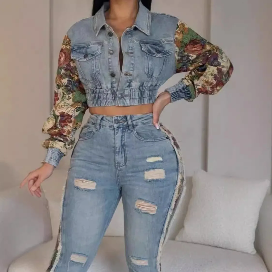 Floral Patchwork Women Denim Two Piece Set Button Up Denim Jackets Distressed Jeans Matching Set 2024 Autumn Winter Outfits