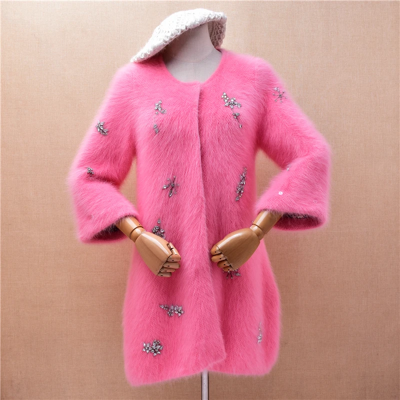 Women Mujer Autumn Winter Thick Warm Pink Beading Hairy Mink Cashmere Knitted Three Quarter Sleeves Slim Cardigan Sweater Jacket