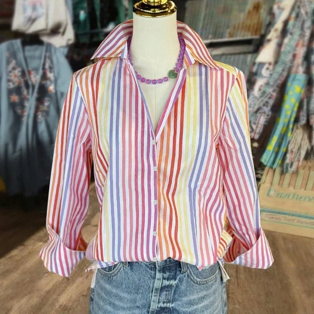 

Plus Size Colourful Striped Collar Triple Sleeve Shirt Home Casual Loose Young Fashion Single Row Buttons
