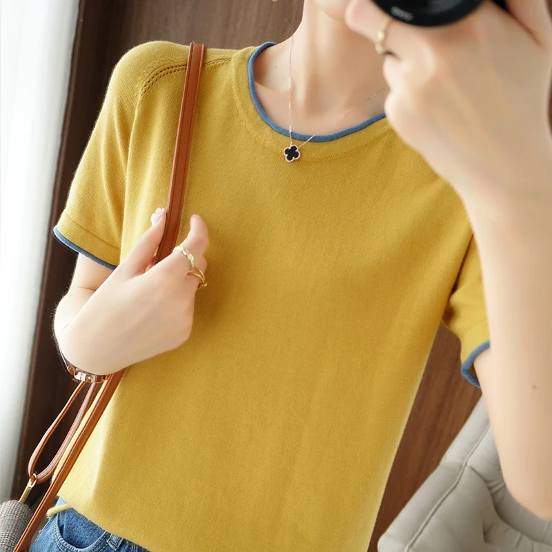 T-shirt women 2022 new round neck sweater casual top women tees slim Korean pullover large size cotton short sleeve hot sale