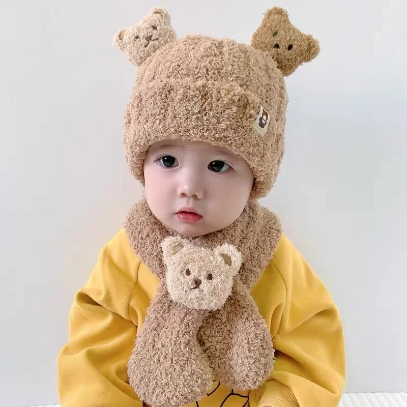 2Pcs Newborn Baby Stuff Cartoon Bear Hat for Girls Boys Scarf Thicken Cap Winter Hat for Kids Children Hat Plus Fleece Kids Caps
