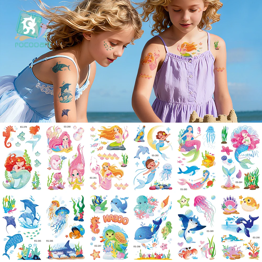 

12Sheets/Lot Cartoon Mermaid Temporary Tattoo Ocean Body Art Fake Tattoo Sticker for Children's Party Kids' Fun Glitter Tattoo