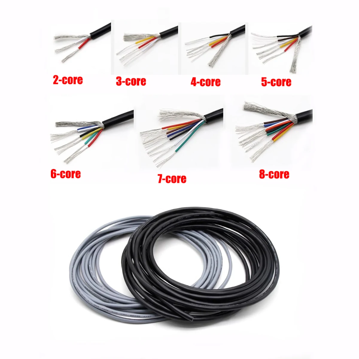 UL2547- 26AWG Shielded Audio Headphone Signal Cable 300V 80°C Tinned Copper Wire PVC Insulation Black/Gray 2/3/4/5/6/7-Core